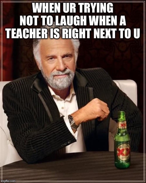 The Most Interesting Man In The World Meme | WHEN UR TRYING NOT TO LAUGH WHEN A TEACHER IS RIGHT NEXT TO U | image tagged in memes,the most interesting man in the world | made w/ Imgflip meme maker