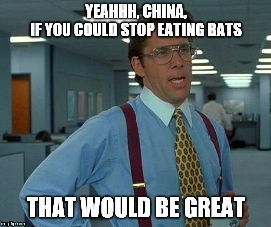 That Would Be Great Meme | YEAHHH, CHINA,
IF YOU COULD STOP EATING BATS; THAT WOULD BE GREAT | image tagged in memes,that would be great | made w/ Imgflip meme maker