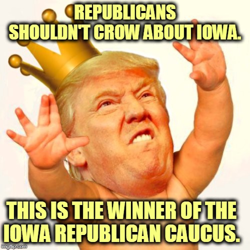 Democrats beat the Republicans in Iowa. | REPUBLICANS SHOULDN'T CROW ABOUT IOWA. THIS IS THE WINNER OF THE 
IOWA REPUBLICAN CAUCUS. | image tagged in trump baby crown,iowa,caucus,democrats,republicans,winner | made w/ Imgflip meme maker