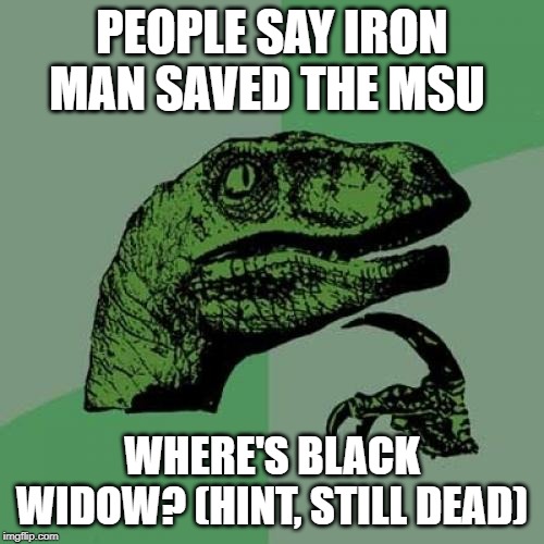 just because you make a movie for a dead person doesn't save them... | PEOPLE SAY IRON MAN SAVED THE MSU; WHERE'S BLACK WIDOW? (HINT, STILL DEAD) | image tagged in memes,philosoraptor,iron man | made w/ Imgflip meme maker
