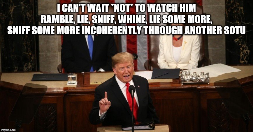 Trump SOTU | I CAN'T WAIT *NOT* TO WATCH HIM RAMBLE, LIE, SNIFF, WHINE, LIE SOME MORE, SNIFF SOME MORE INCOHERENTLY THROUGH ANOTHER SOTU | image tagged in trump sotu | made w/ Imgflip meme maker