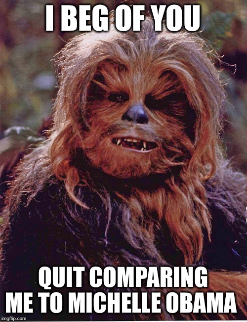 Wookie | I BEG OF YOU; QUIT COMPARING ME TO MICHELLE OBAMA | image tagged in wookie,michelle obama | made w/ Imgflip meme maker