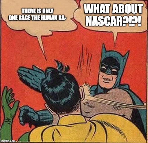 Batman Slapping Robin | THERE IS ONLY ONE RACE THE HUMAN RA-; WHAT ABOUT NASCAR?!?! | image tagged in memes,batman slapping robin | made w/ Imgflip meme maker