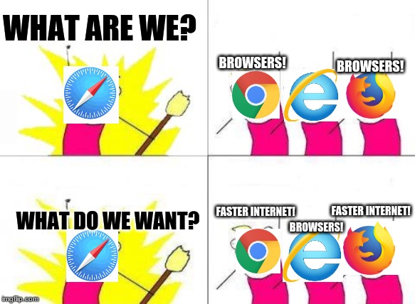 What Do We Want Meme | WHAT ARE WE? BROWSERS! BROWSERS! BROWSERS! FASTER INTERNET! FASTER INTERNET! WHAT DO WE WANT? | image tagged in memes,what do we want | made w/ Imgflip meme maker