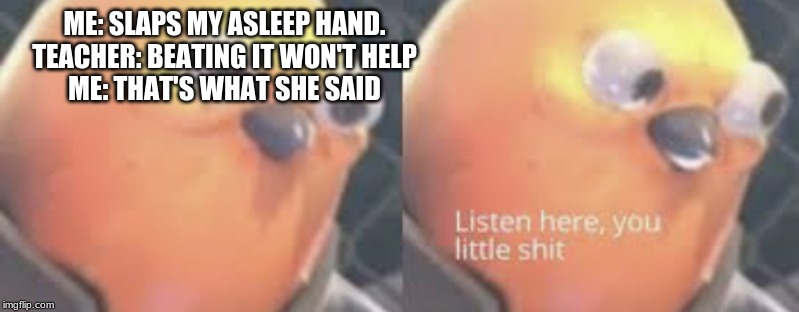 Listen here you little shit bird | ME: SLAPS MY ASLEEP HAND.
TEACHER: BEATING IT WON'T HELP
ME: THAT'S WHAT SHE SAID | image tagged in listen here you little shit bird | made w/ Imgflip meme maker