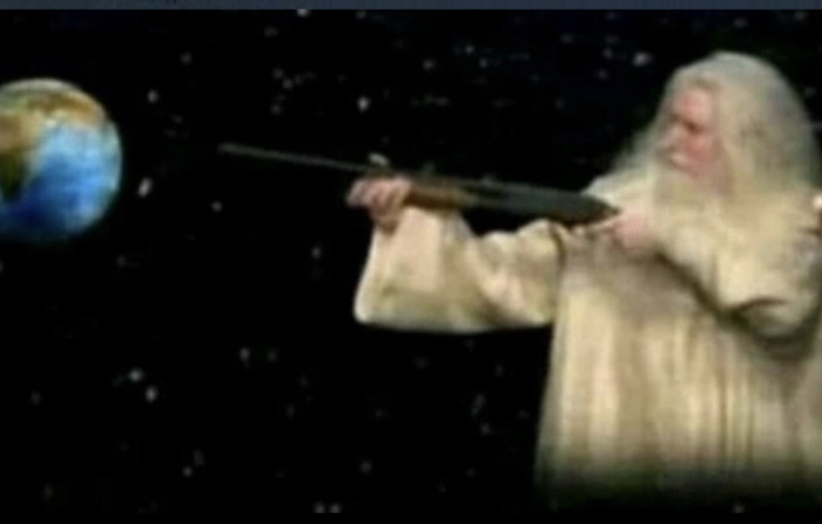 High Quality god aiming a shotgun at earth Blank Meme Template