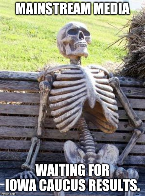 Never Mind! Here comes New Hampshire! | MAINSTREAM MEDIA; WAITING FOR IOWA CAUCUS RESULTS. | image tagged in memes,waiting skeleton | made w/ Imgflip meme maker