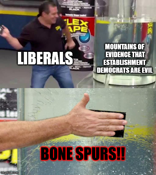 bone spurs | MOUNTAINS OF  EVIDENCE THAT ESTABLISHMENT DEMOCRATS ARE EVIL; LIBERALS; BONE SPURS!! | image tagged in flex tape | made w/ Imgflip meme maker