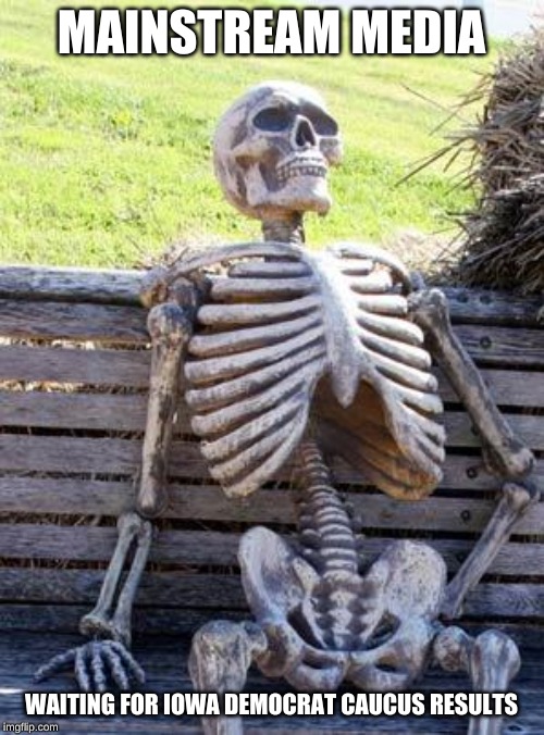 Waiting Skeleton Meme | MAINSTREAM MEDIA WAITING FOR IOWA DEMOCRAT CAUCUS RESULTS | image tagged in memes,waiting skeleton | made w/ Imgflip meme maker