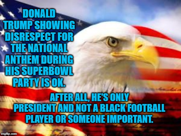 American Flag | DONALD TRUMP SHOWING DISRESPECT FOR THE NATIONAL ANTHEM DURING HIS SUPERBOWL PARTY IS OK. AFTER ALL, HE'S ONLY PRESIDENT AND NOT A BLACK FOOTBALL PLAYER OR SOMEONE IMPORTANT. | image tagged in american flag | made w/ Imgflip meme maker