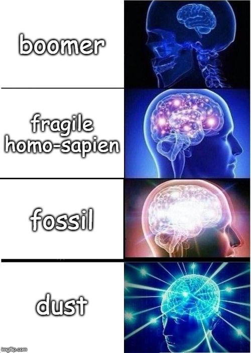 Expanding Brain | boomer; fragile homo-sapien; fossil; dust | image tagged in memes,expanding brain | made w/ Imgflip meme maker