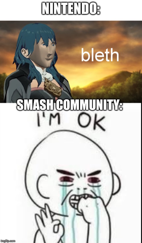 (Read with sarcasm) Yeah... EVERYONE is fine with this Nintendo... | NINTENDO:; SMASH COMMUNITY: | image tagged in bleth,nintendo,super smash bros | made w/ Imgflip meme maker