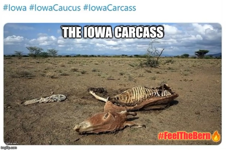 Sometimes Politics hits Funny Bone! Rigged DNC Iowa Caucuses Winner: TRUMP 2020! #VoteRedistribution #IowaCarcass #FeelTheBern | THE IOWA CARCASS; #FeelTheBern🔥 | image tagged in iowa,democratic socialism,bernie sanders,dumpster fire,feel the bern,the great awakening | made w/ Imgflip meme maker