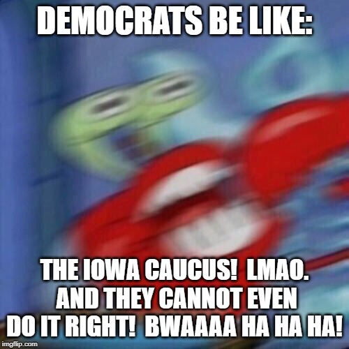 Blurry Excited Krabs | DEMOCRATS BE LIKE:; THE IOWA CAUCUS!  LMAO.  AND THEY CANNOT EVEN DO IT RIGHT!  BWAAAA HA HA HA! | image tagged in blurry excited krabs | made w/ Imgflip meme maker