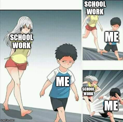 SCHOOL WORK; ME; SCHOOL WORK; ME; SCHOOL WORK; ME | image tagged in running,why,just because,stop reading the tags,stop,just stop | made w/ Imgflip meme maker
