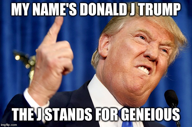 Donald Trump | MY NAME'S DONALD J TRUMP; THE J STANDS FOR GENEIOUS | image tagged in donald trump | made w/ Imgflip meme maker