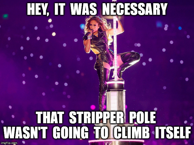 Super Bowl | HEY,  IT  WAS  NECESSARY; THAT  STRIPPER  POLE  WASN'T  GOING  TO  CLIMB  ITSELF | image tagged in super bowl | made w/ Imgflip meme maker