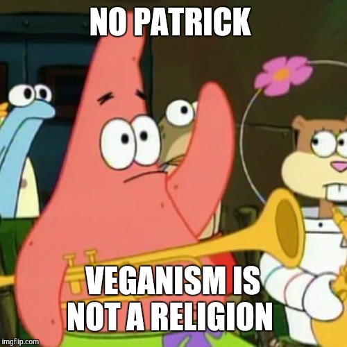 So, please don't treat it as such. You hippies! | NO PATRICK; VEGANISM IS NOT A RELIGION | image tagged in memes,no patrick,vegan,veganism | made w/ Imgflip meme maker
