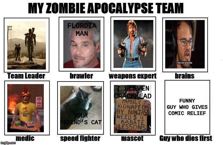this is better than the walking dead. |  FLORDIA MAN; 7 ELEVEN CRACKHEAD; FUNNY GUY WHO GIVES COMIC RELIEF; YOUR FRIEND'S CAT | image tagged in my zombie apocalypse team | made w/ Imgflip meme maker
