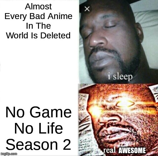 MAKE A SEASON 2 ALREADY | Almost Every Bad Anime In The World Is Deleted; No Game No Life Season 2; AWESOME | image tagged in memes,sleeping shaq,anime | made w/ Imgflip meme maker