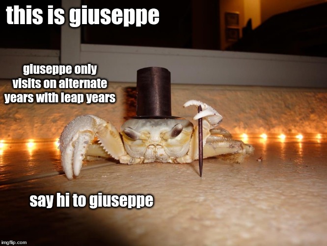 this is giuseppe; giuseppe only visits on alternate years with leap years; say hi to giuseppe | image tagged in crab | made w/ Imgflip meme maker