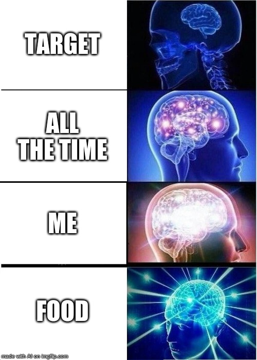 Expanding Brain | TARGET; ALL THE TIME; ME; FOOD | image tagged in memes,expanding brain | made w/ Imgflip meme maker