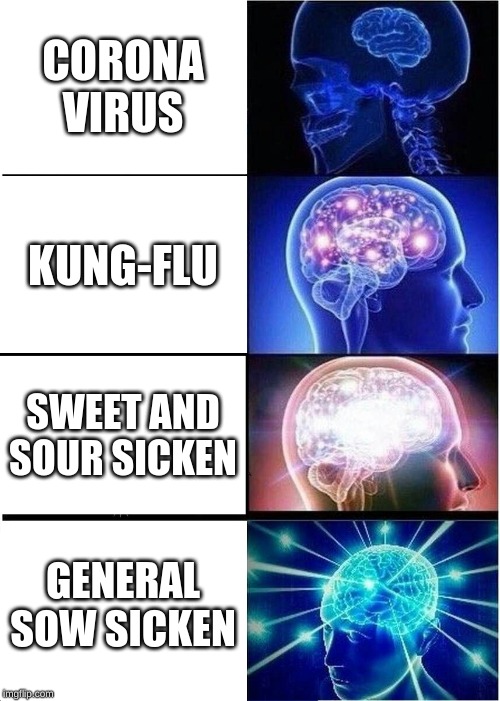 Expanding Brain | CORONA VIRUS; KUNG-FLU; SWEET AND SOUR SICKEN; GENERAL SOW SICKEN | image tagged in memes,expanding brain | made w/ Imgflip meme maker