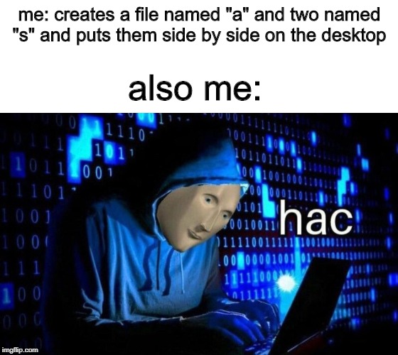 lolololol | me: creates a file named "a" and two named "s" and puts them side by side on the desktop; also me: | image tagged in blank white template,hac | made w/ Imgflip meme maker