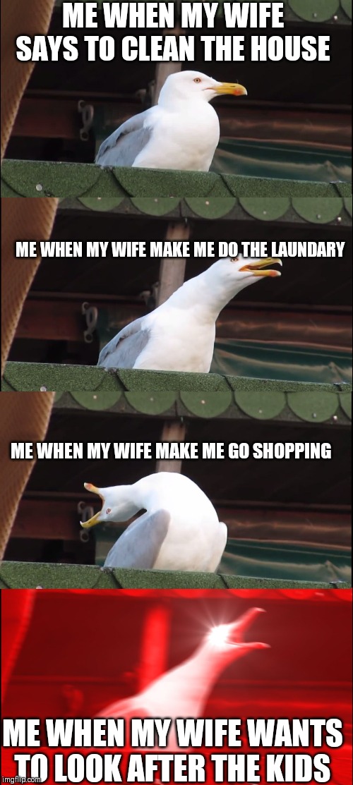 Inhaling Seagull | ME WHEN MY WIFE SAYS TO CLEAN THE HOUSE; ME WHEN MY WIFE MAKE ME DO THE LAUNDARY; ME WHEN MY WIFE MAKE ME GO SHOPPING; ME WHEN MY WIFE WANTS TO LOOK AFTER THE KIDS | image tagged in memes,inhaling seagull | made w/ Imgflip meme maker