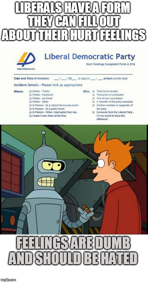 LIBERALS HAVE A FORM 
THEY CAN FILL OUT
ABOUT THEIR HURT FEELINGS; FEELINGS ARE DUMB AND SHOULD BE HATED | image tagged in memes,liberals,hurt feelings,bender,futurama | made w/ Imgflip meme maker
