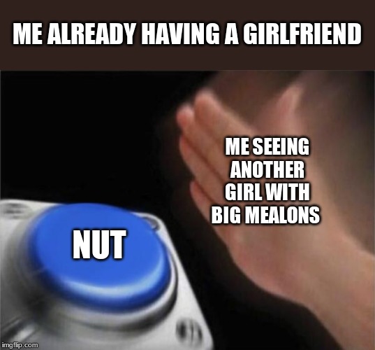 Blank Nut Button Meme | ME ALREADY HAVING A GIRLFRIEND; ME SEEING ANOTHER GIRL WITH BIG MEALONS; NUT | image tagged in memes,blank nut button | made w/ Imgflip meme maker