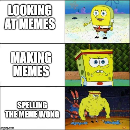 Spongebob strong | LOOKING AT MEMES; MAKING MEMES; SPELLING THE MEME WONG | image tagged in spongebob strong | made w/ Imgflip meme maker