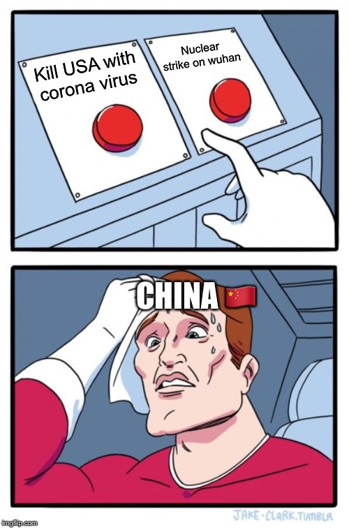 Two Buttons Meme | Nuclear strike on wuhan; Kill USA with corona virus; CHINA 🇨🇳 | image tagged in memes,two buttons | made w/ Imgflip meme maker