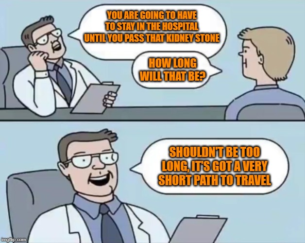 Doctor | YOU ARE GOING TO HAVE TO STAY IN THE HOSPITAL UNTIL YOU PASS THAT KIDNEY STONE; HOW LONG WILL THAT BE? SHOULDN'T BE TOO LONG, IT'S GOT A VERY SHORT PATH TO TRAVEL | image tagged in doctor | made w/ Imgflip meme maker