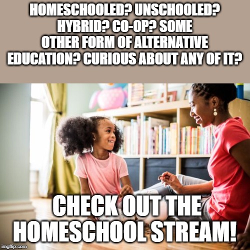 HOMESCHOOLED? UNSCHOOLED? HYBRID? CO-OP? SOME OTHER FORM OF ALTERNATIVE EDUCATION? CURIOUS ABOUT ANY OF IT? CHECK OUT THE HOMESCHOOL STREAM! | made w/ Imgflip meme maker