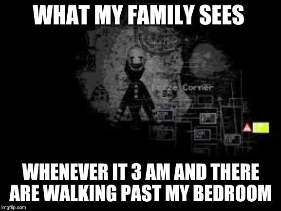 The Puppet from fnaf 2 |  WHAT MY FAMILY SEES; WHENEVER IT 3 AM AND THERE ARE WALKING PAST MY BEDROOM | image tagged in the puppet from fnaf 2 | made w/ Imgflip meme maker