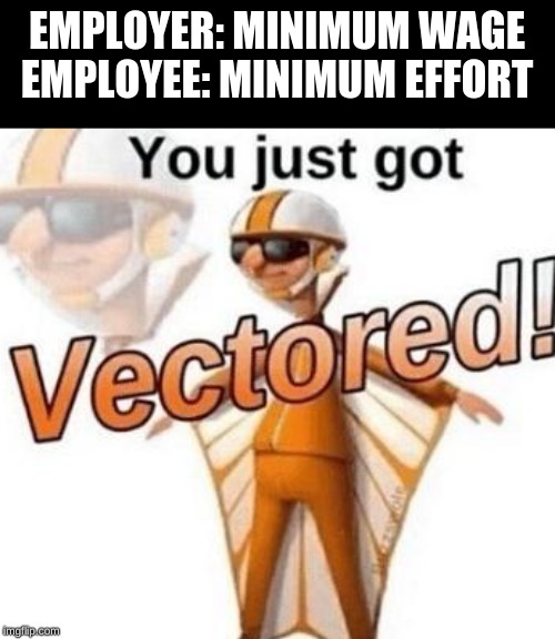 You just got vectored | EMPLOYER: MINIMUM WAGE
EMPLOYEE: MINIMUM EFFORT | image tagged in you just got vectored | made w/ Imgflip meme maker