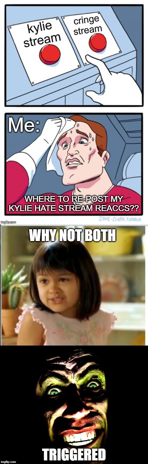 Two buttons | WHERE TO RE-POST MY KYLIE HATE STREAM REACCS?? WHY NOT BOTH; TRIGGERED | image tagged in why not both,g-man from half-life,imgflip trolls,first world imgflip problems,triggered | made w/ Imgflip meme maker