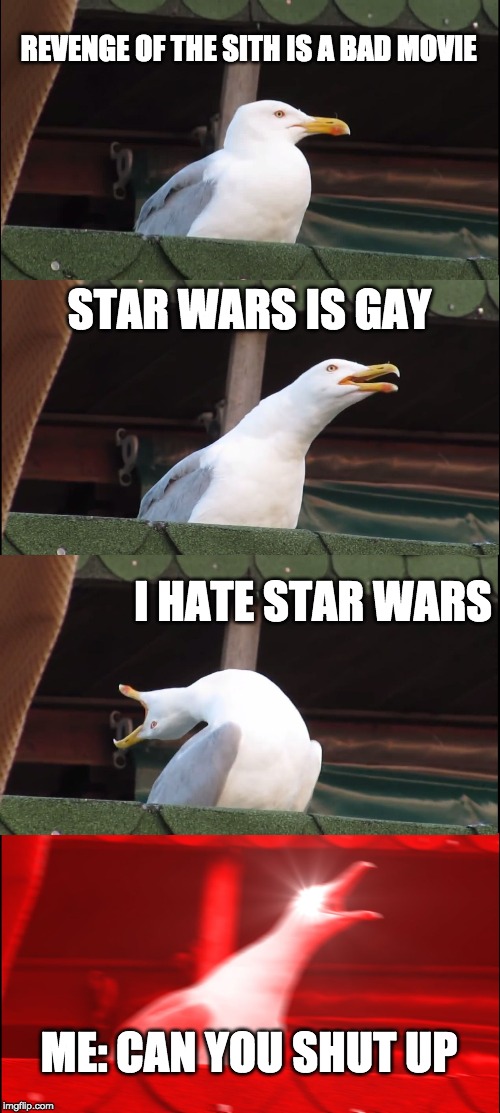 Inhaling Seagull | REVENGE OF THE SITH IS A BAD MOVIE; STAR WARS IS GAY; I HATE STAR WARS; ME: CAN YOU SHUT UP | image tagged in memes,inhaling seagull | made w/ Imgflip meme maker