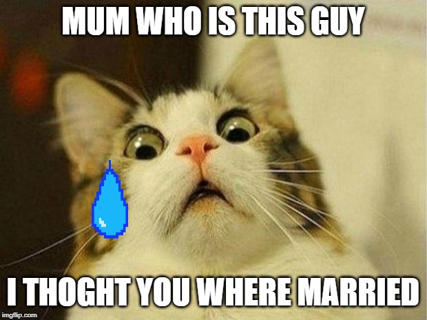 Scared Cat Meme | MUM WHO IS THIS GUY; I THOGHT YOU WHERE MARRIED | image tagged in memes,scared cat | made w/ Imgflip meme maker
