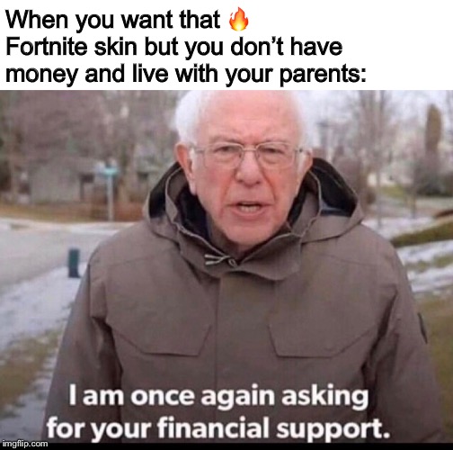 Broke on Fortnite | When you want that 🔥 Fortnite skin but you don’t have money and live with your parents: | image tagged in bernie sanders financial support,fortnite,video games,money,bernie sanders | made w/ Imgflip meme maker