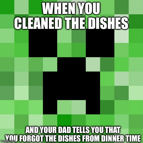 Scumbag Minecraft | WHEN YOU CLEANED THE DISHES; AND YOUR DAD TELLS YOU THAT YOU FORGOT THE DISHES FROM DINNER TIME | image tagged in memes,scumbag minecraft | made w/ Imgflip meme maker