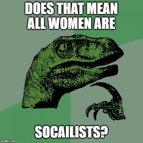 Philosoraptor Meme | DOES THAT MEAN ALL WOMEN ARE SOCAILISTS? | image tagged in memes,philosoraptor | made w/ Imgflip meme maker