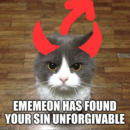 Angry cat | EMEMEON HAS FOUND YOUR SIN UNFORGIVABLE | image tagged in angry cat | made w/ Imgflip meme maker