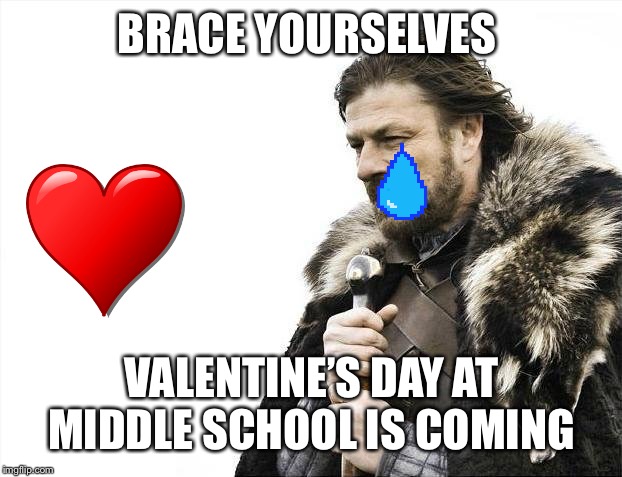 Brace Yourselves X is Coming | BRACE YOURSELVES; VALENTINE’S DAY AT MIDDLE SCHOOL IS COMING | image tagged in memes,brace yourselves x is coming | made w/ Imgflip meme maker