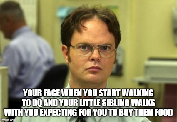 moocher siblings | YOUR FACE WHEN YOU START WALKING TO DQ AND YOUR LITTLE SIBLING WALKS WITH YOU EXPECTING FOR YOU TO BUY THEM FOOD | image tagged in memes,dwight schrute | made w/ Imgflip meme maker