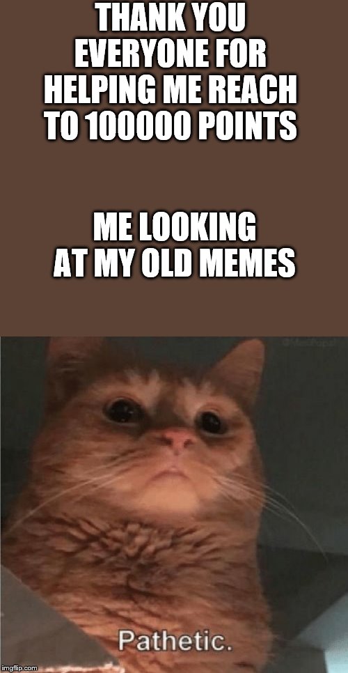 Thank You for 100000 Points | THANK YOU EVERYONE FOR HELPING ME REACH TO 100000 POINTS; ME LOOKING AT MY OLD MEMES | image tagged in pathetic cat,celebration,thank you,yay,happy | made w/ Imgflip meme maker