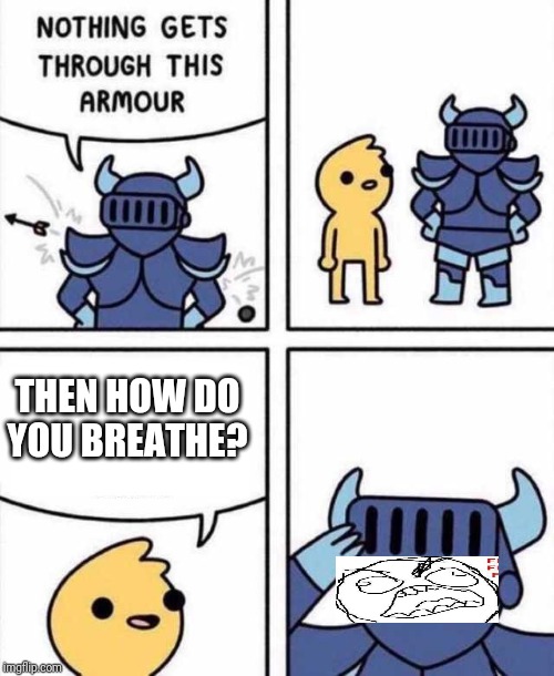 Nothing Gets Through This Armour | THEN HOW DO YOU BREATHE? | image tagged in nothing gets through this armour,memes | made w/ Imgflip meme maker