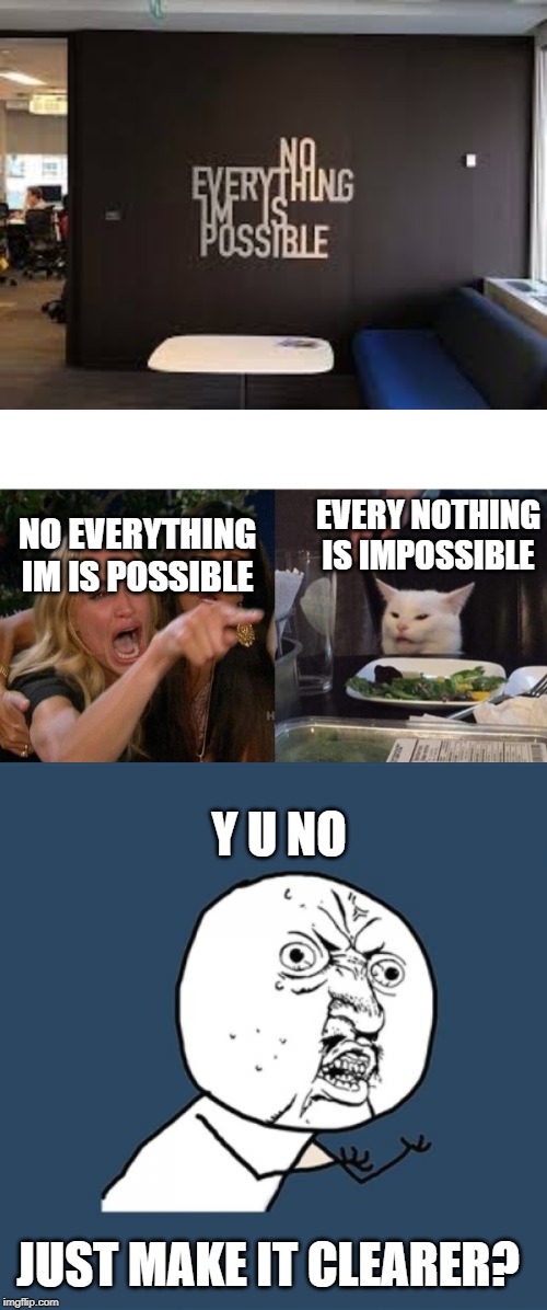 EVERY NOTHING IS IMPOSSIBLE; NO EVERYTHING IM IS POSSIBLE; Y U NO; JUST MAKE IT CLEARER? | image tagged in memes,y u no,woman yelling at cat | made w/ Imgflip meme maker