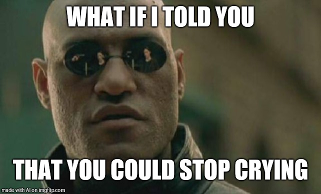 Matrix Morpheus |  WHAT IF I TOLD YOU; THAT YOU COULD STOP CRYING | image tagged in memes,matrix morpheus | made w/ Imgflip meme maker